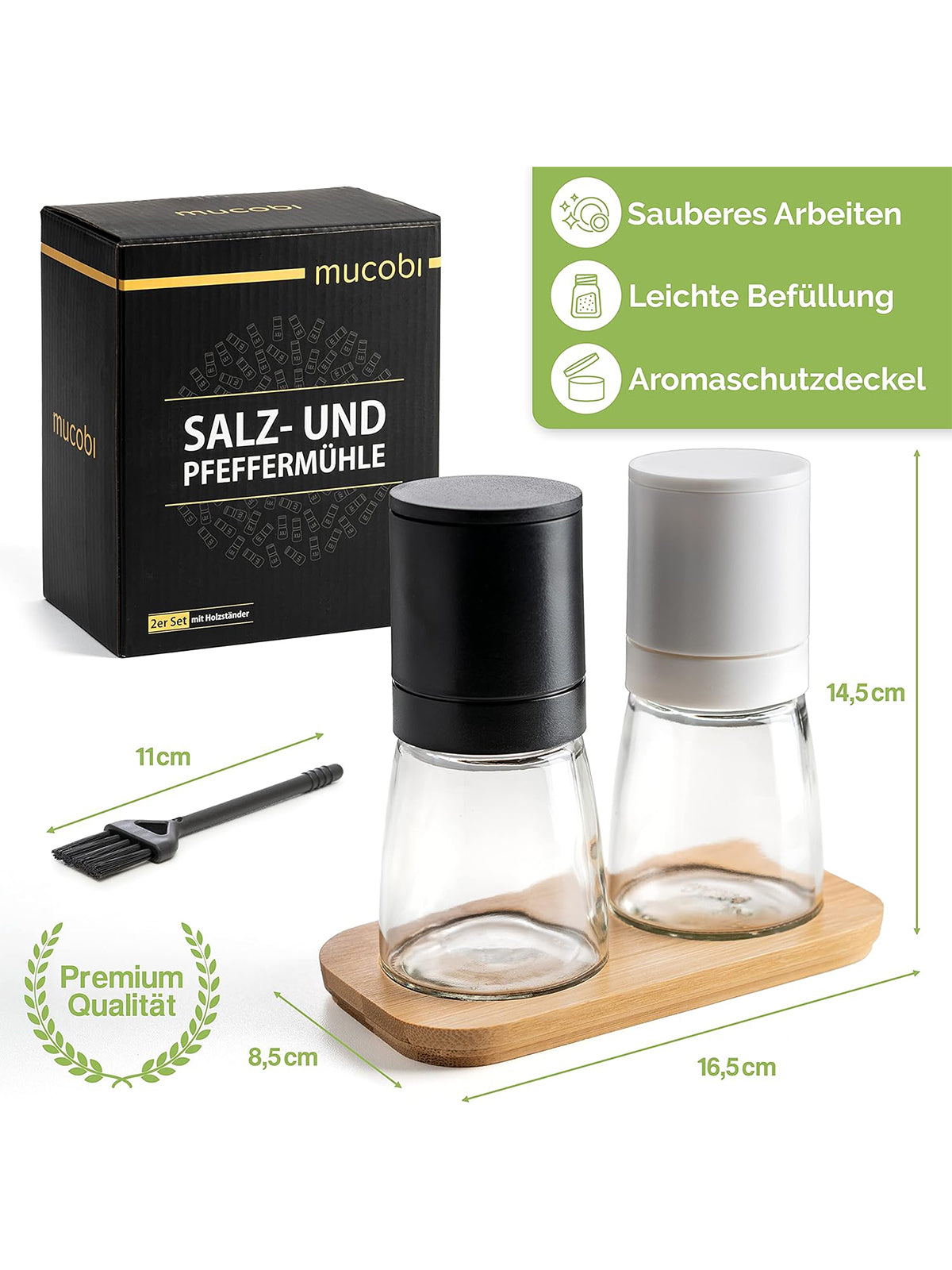 MUCOBI Salz und Pfeffermühle 2er Set mit Ständer aus Holz Keramikmahlwerk