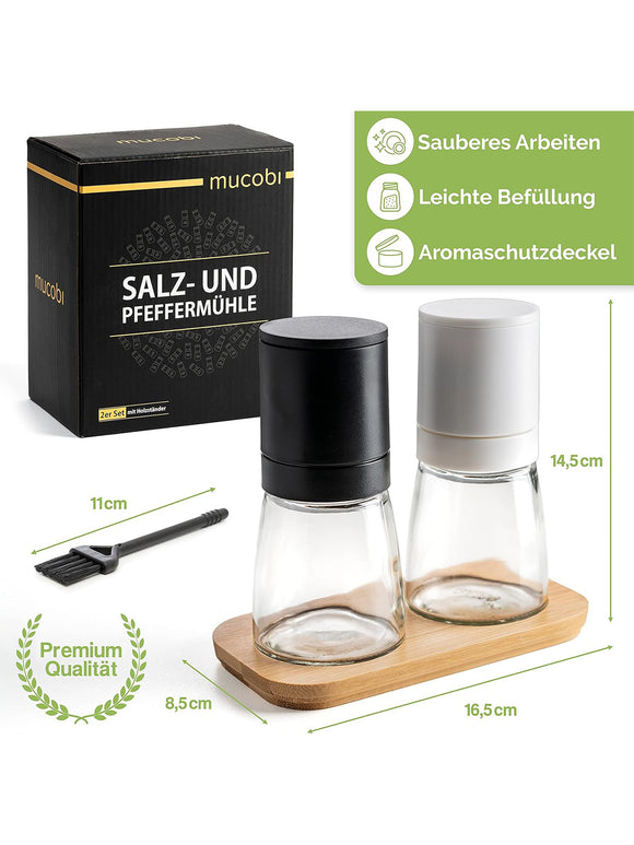 MUCOBI Salz und Pfeffermühle 2er Set mit Ständer aus Holz Keramikmahlwerk