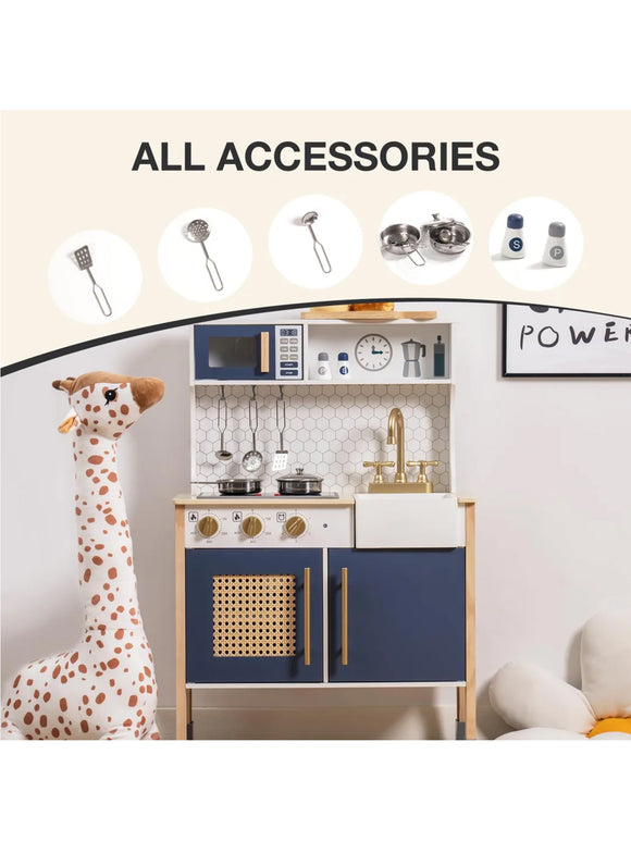 ROBUD Kinderküche Spielküche Set Holz Vintage mit Zubehör Wasserhahn Töpfe Blau