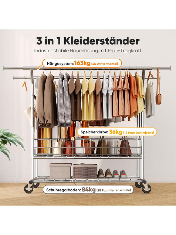 HOKEEPER Doppelter Kleiderständer auf Rollen Kleiderstange 3-in-1 bis 283 kg