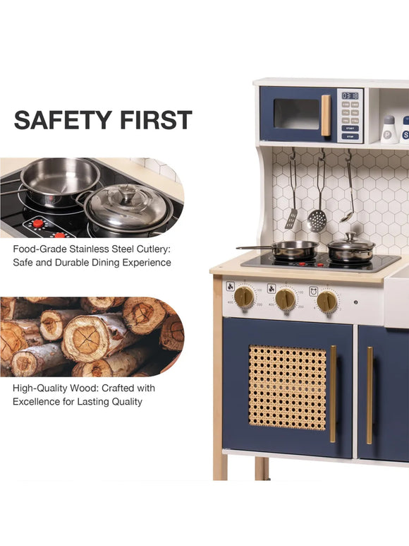 ROBUD Kinderküche Spielküche Set Holz Vintage mit Zubehör Wasserhahn Töpfe Blau