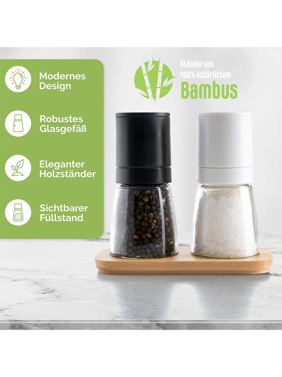 MUCOBI Salz und Pfeffermühle 2er Set mit Ständer aus Holz Keramikmahlwerk