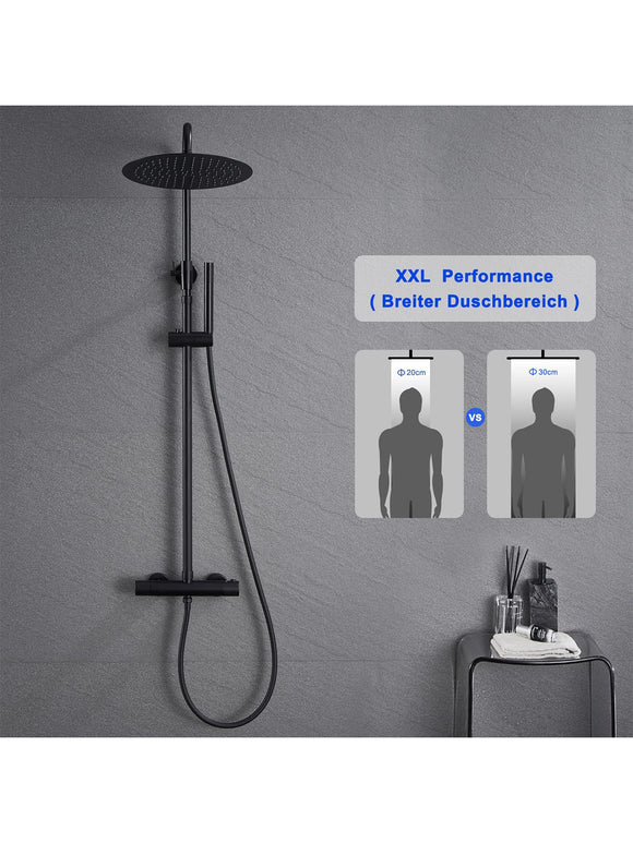 JOHO Thermostat Duschset Duschsystem mit XXL Regenduschkopf 30 cm Schwarz Rund