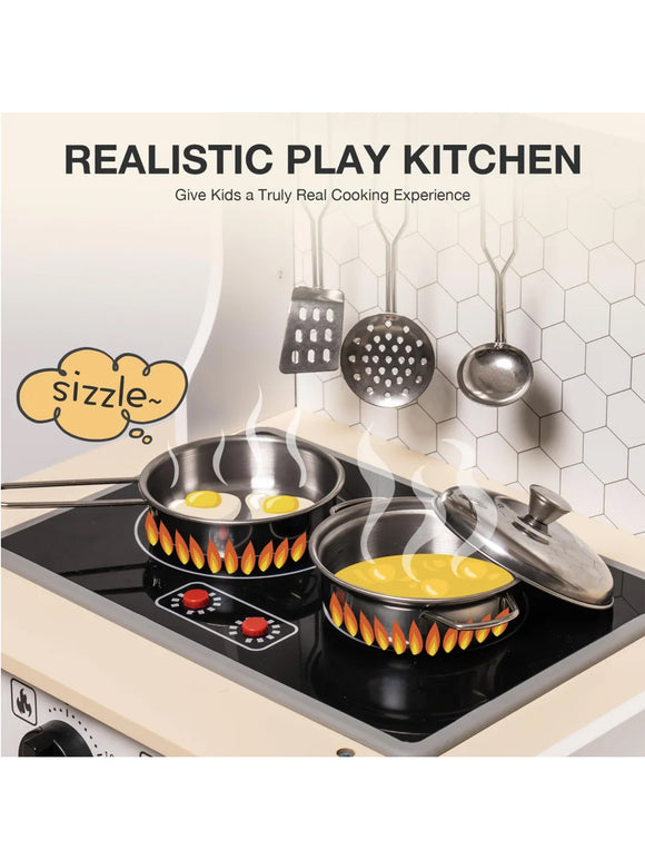 ROBUD Kinderküche Spielküche Set Holz Vintage mit Zubehör Wasserhahn Töpfe Blau