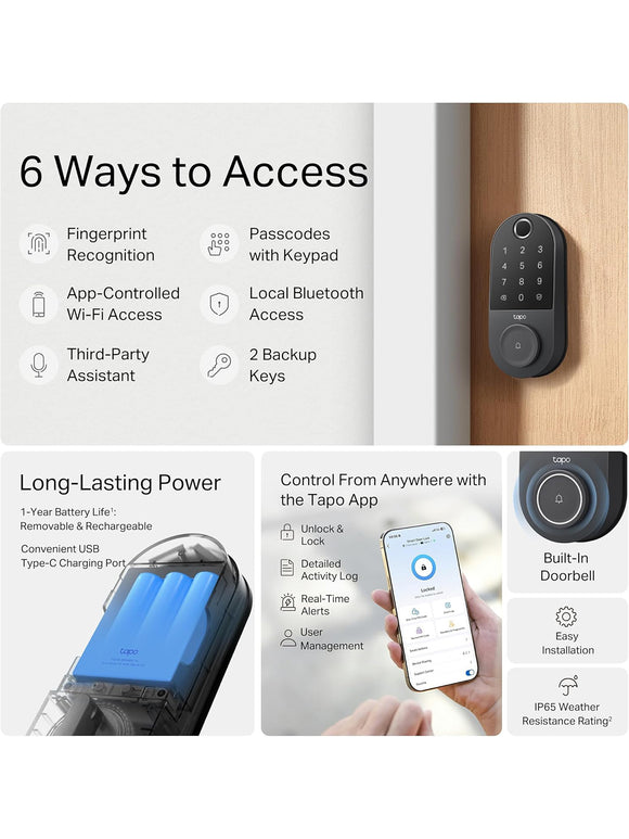 TP-Link Tapo Smart-Türschloss Riegel Schlüssellos Fingerabdruckerkennung App