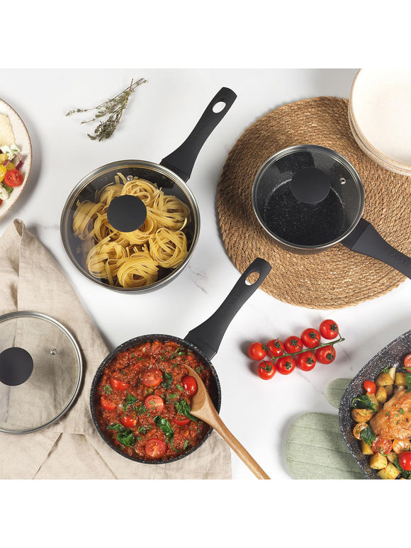 SALTER Megastone Kochtopfset 3-teilig Antihaft mit Hartglas Deckel und Dampfdüse