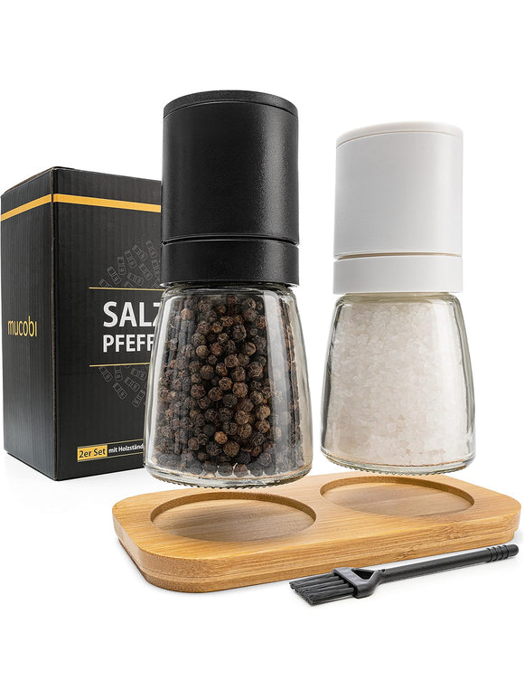 MUCOBI Salz und Pfeffermühle 2er Set mit Ständer aus Holz Keramikmahlwerk