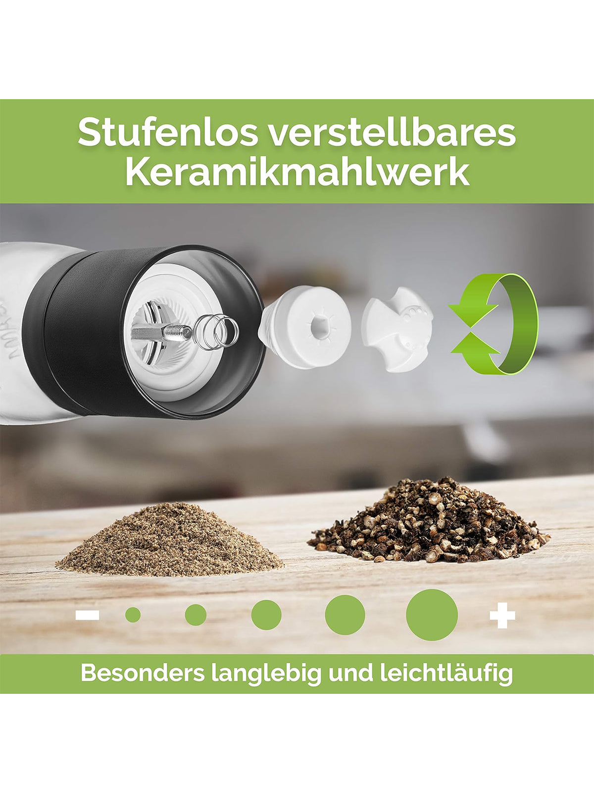 MUCOBI Salz und Pfeffermühle 2er Set mit Ständer aus Holz Keramikmahlwerk