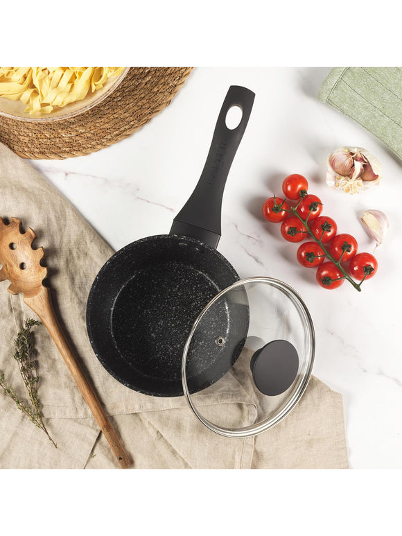 SALTER Megastone Kochtopfset 3-teilig Antihaft mit Hartglas Deckel und Dampfdüse