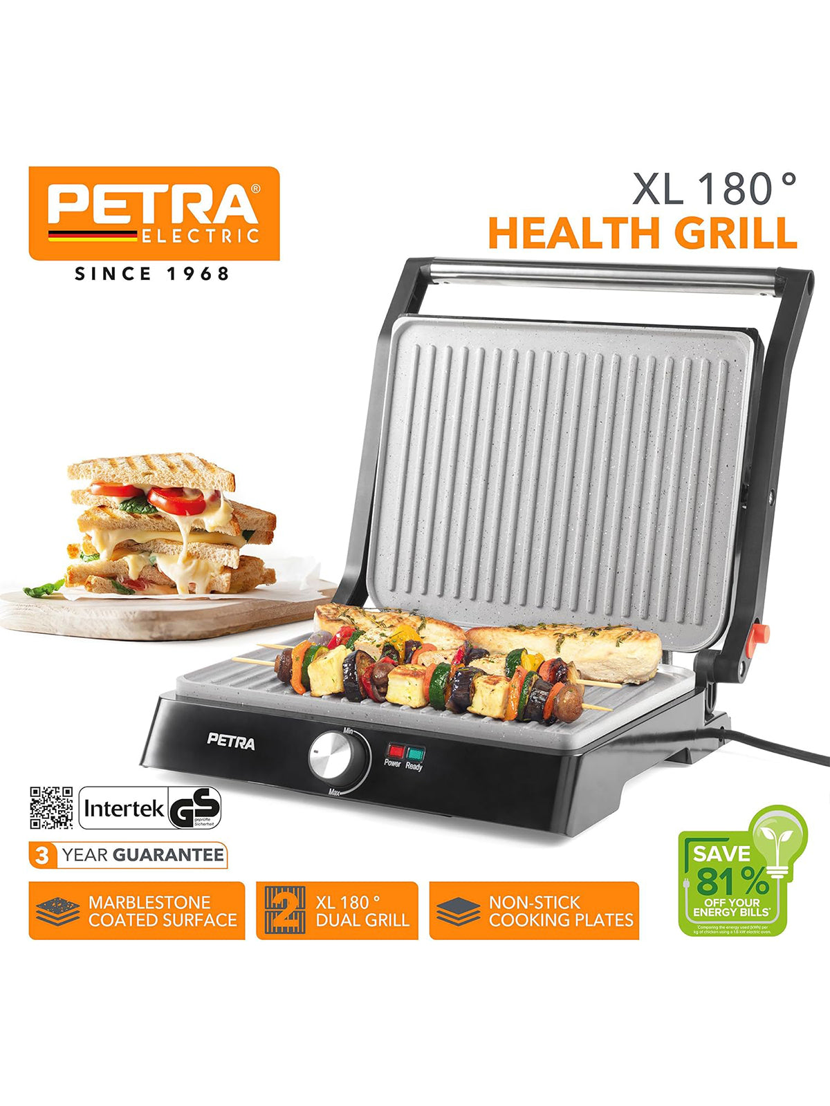 Petra XL 180° Elektrogrill und Panini-Presse Sandwichtoaster Tischgrill Antihaft