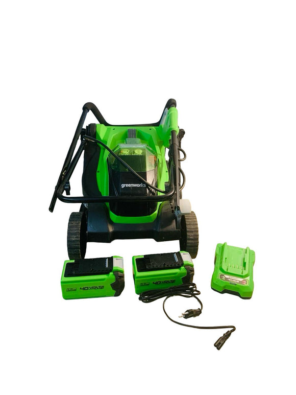 Greenworks 40V Kabelloser Akku Rasenmäher bis 400 m² mit 2x 40 V Akkus Ladegerät