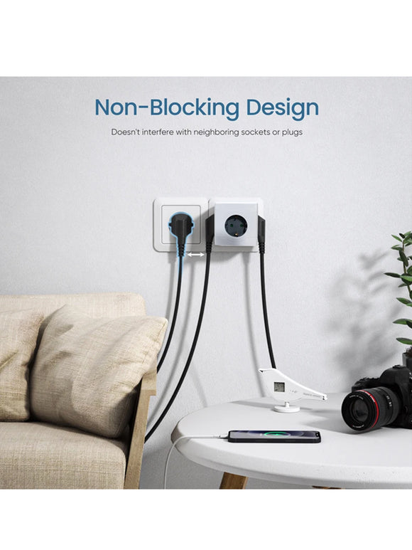 Steckdosenwürfel mit 3 Steckdosen & 3 USB-Anschlüssen & einziehbares USB-C-Kabel