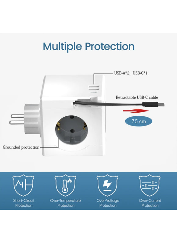 Steckdosenwürfel mit 3 Steckdosen & 3 USB-Anschlüssen & einziehbares USB-C-Kabel