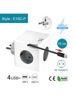 Steckdosenwürfel mit 3 Steckdosen & 3 USB-Anschlüssen & einziehbares USB-C-Kabel