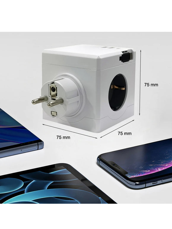 Steckdosenwürfel mit 3 Steckdosen & 3 USB-Anschlüssen & einziehbares USB-C-Kabel