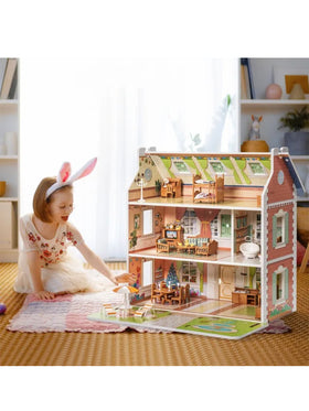 ROBUD 3 in 1 Puppenhaus aus Holz für Kinder mit Zubehör Möbel Geschenk